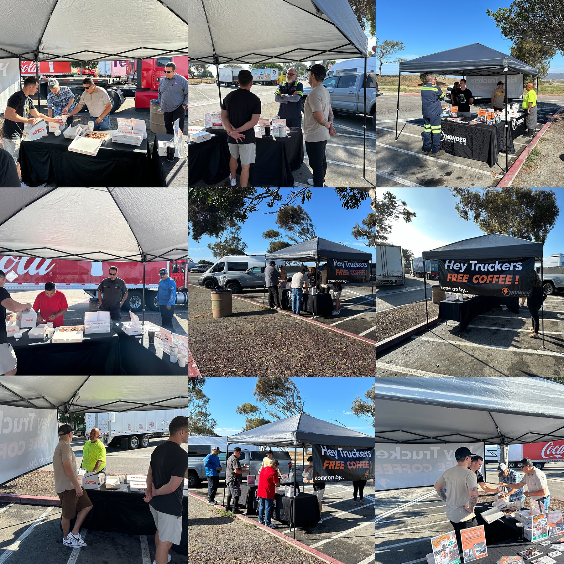 Collage of Thunder Funding’s 2025 National Truck Driver Appreciation Week event at Aliso Creek rest stop, where the team handed out free coffee and donuts to truck drivers.