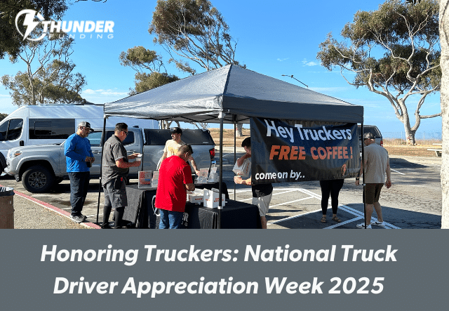 Thunder Funding team handing out free coffee and donuts to truck drivers at the Aliso Creek rest stop during National Truck Driver Appreciation Week 2025.