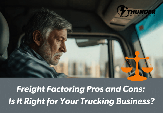 Truck driver reviewing freight factoring pros and cons on a tablet inside cab